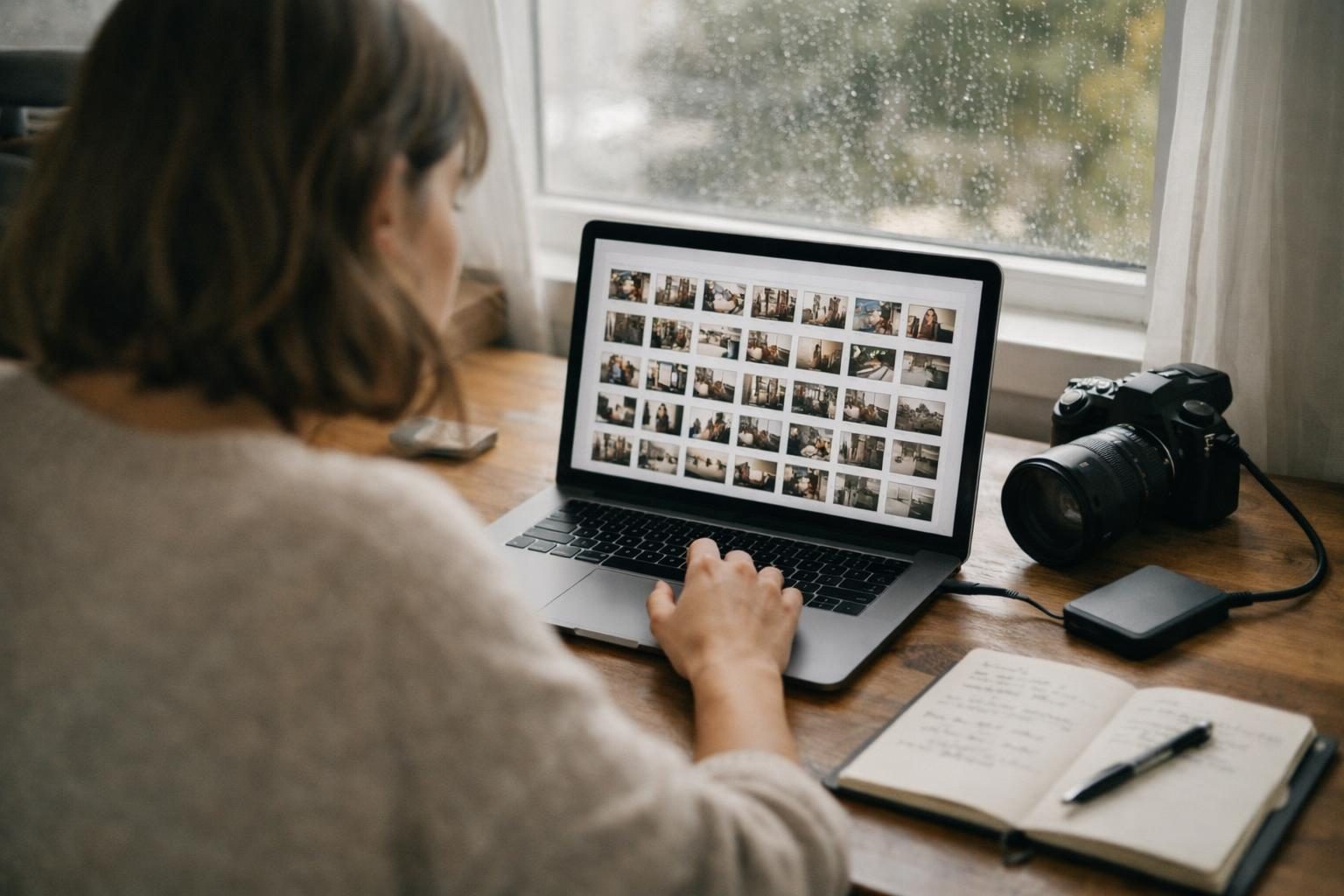 Over-the-shoulder view of a freelance designer at a sunlit home studio desk reviewing thumbnails on a laptop before sending a gallery.
