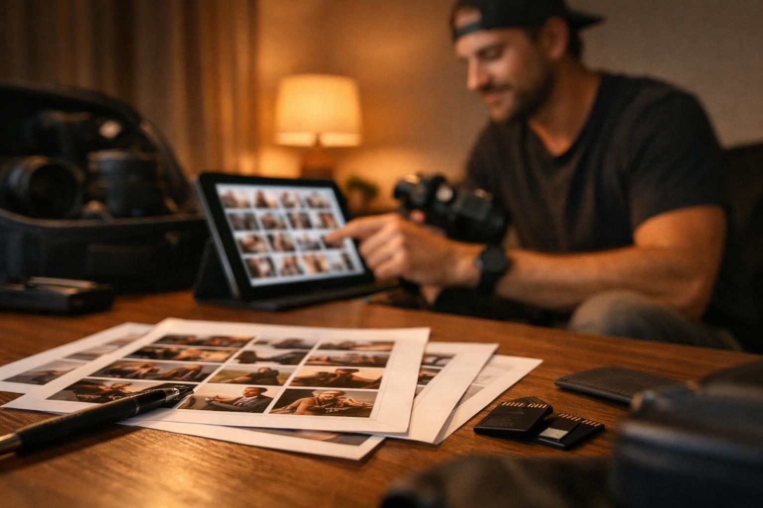 A designer’s desk with a tablet and printed proofs as a content creator packs camera gear and reviews thumbnails before sending a gallery in warm evening lamp light.