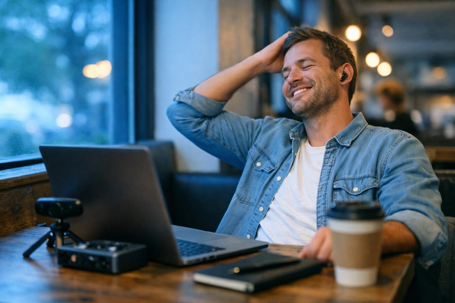 A remote worker in a quiet cafe corner used as a remote office, mid video-call, looking relieved after sending a delivery in bright cool blue early morning light.