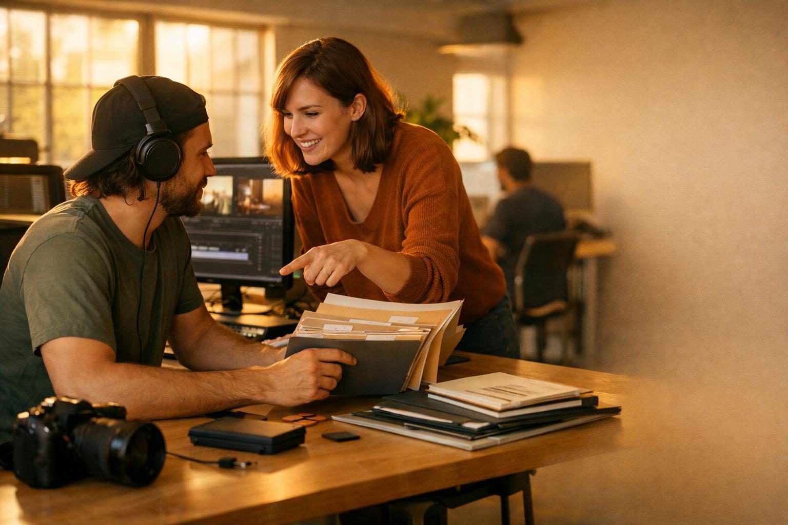 A video editor and colleague in a small creative agency open-plan room organising project folders for a client handoff in warm late-afternoon light.